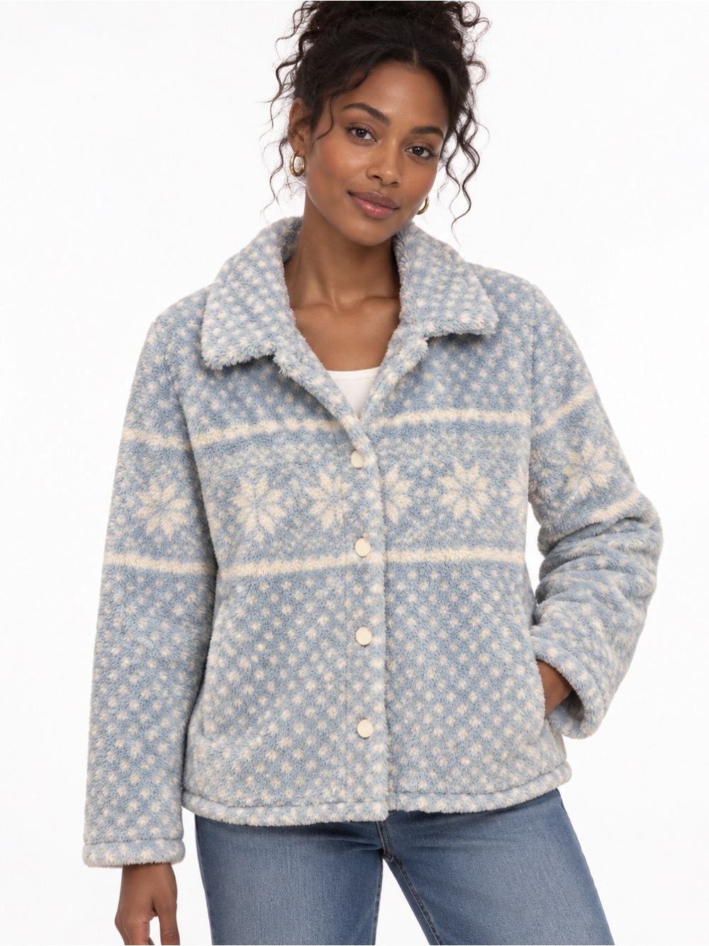 Cozy Blue & Cream Patterned Fleece Jacket
